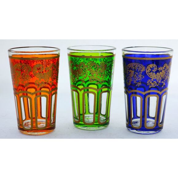 Moroccan Tea Glasses-Multiple Colors-Gold Tone Trim-Holds 1/2 cup each-Set of 3 - Picture 4 of 6